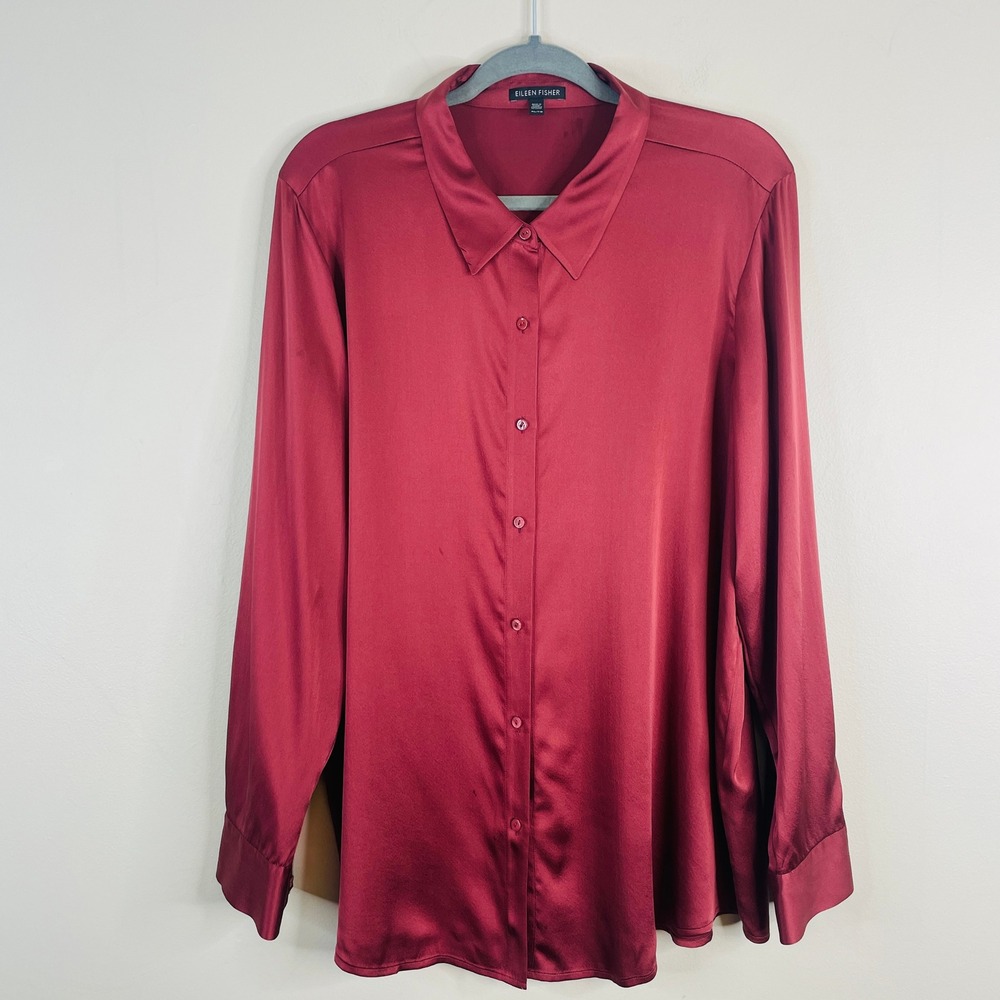 Eileen Fisher Silk Blend Button Up Top Womens XLarge Burgundy Satin Blouse Tunic